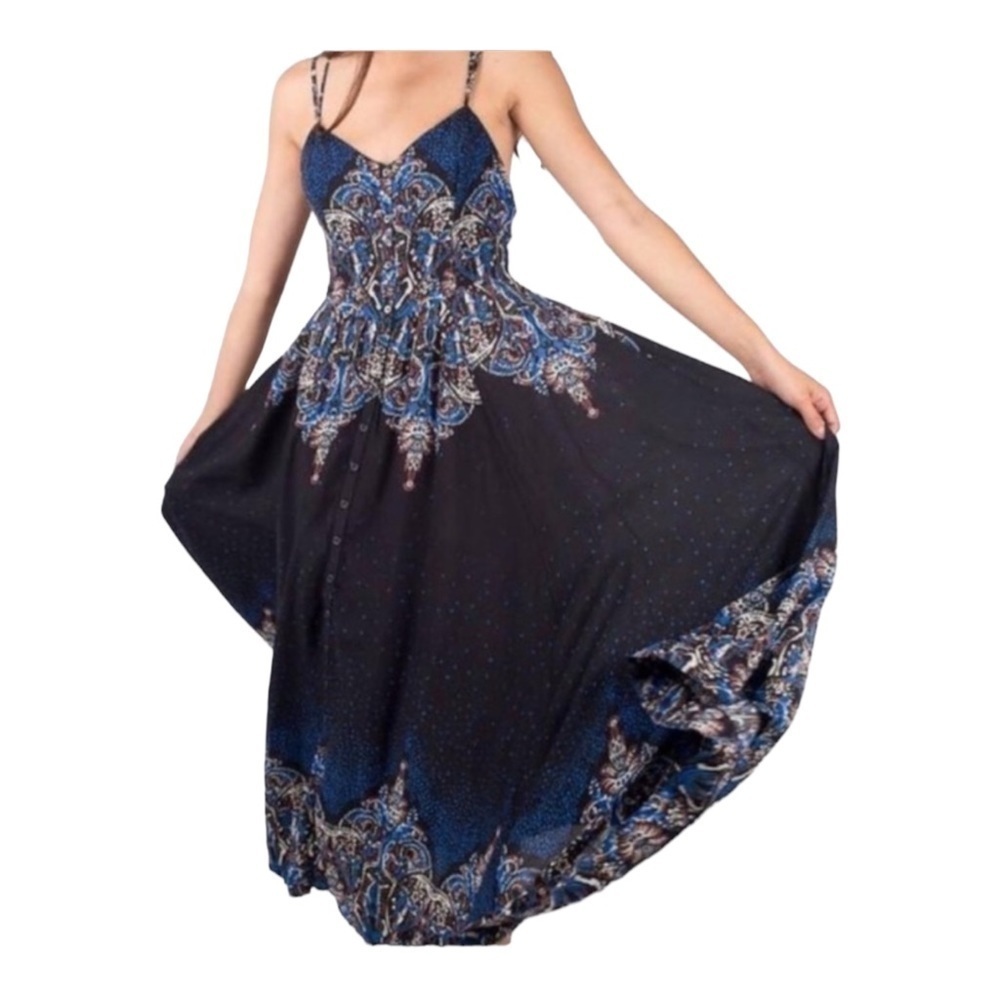 FREE PEOPLE Black Blue Boho Printed Sleeveless Button Front Maxi Dress Small - Picture 12 of 16